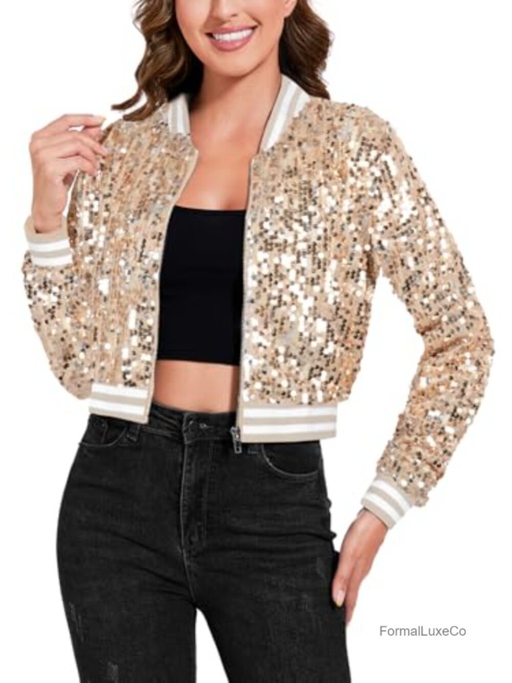 Sparkly Sequin Cropped Bomber Jacket Long Sleeve Zip Up Party Club